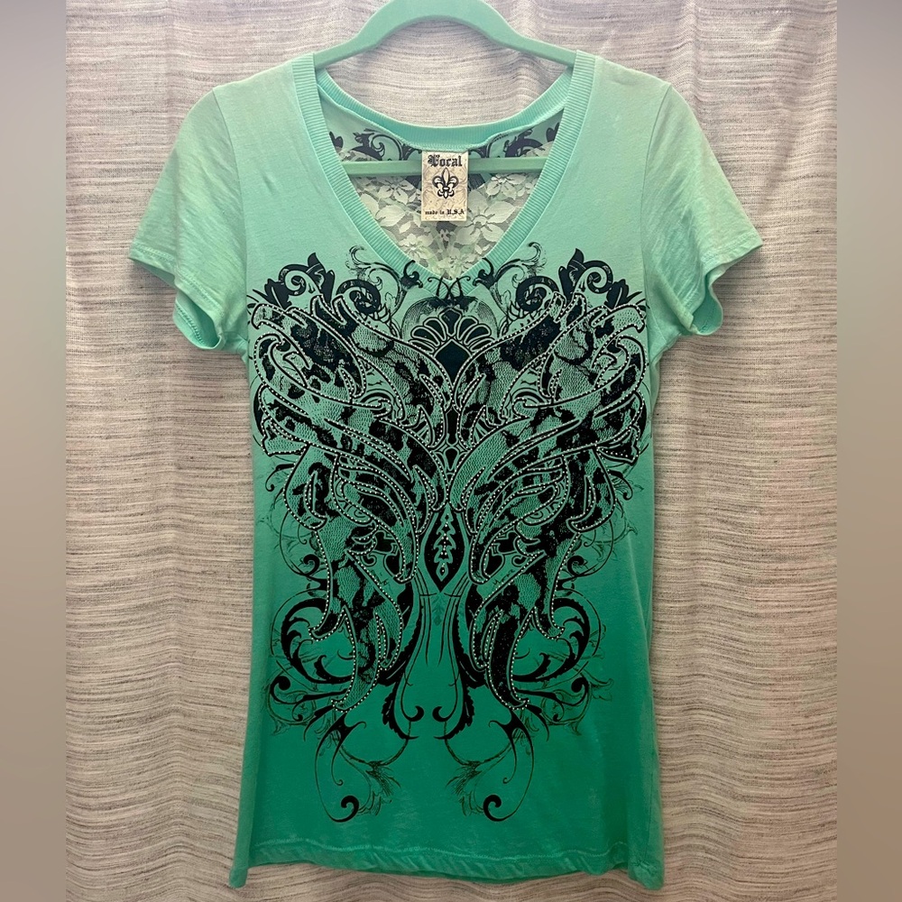 VOCAL Lace & Rhinestone Teal T-Shirt size Small